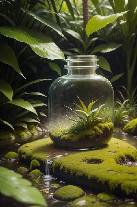 Close-up of a bottle of liquid sitting on mossy ground, a picture by Jakob Gauermann, unsplash, hurufiyya, beauty shot, close-up product photo, in a jungle environment, in the middle of nature, Lush surroundings, Lush surroundings, Portrait shooting, a wid...