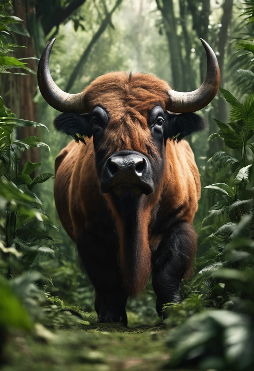 There is a bull that is walking through the woods with horns - SeaArt AI