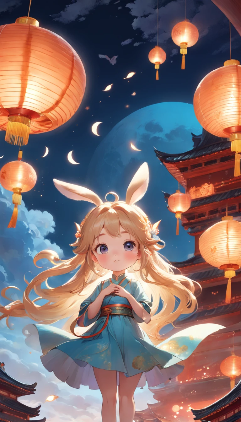 Mid-autumn festival, cute fairies, beautiful big eyes, wearing ancient costumes, rabbits playing around girls, moon cakes, auspicious clouds, behind the huge moon, warm colors, abstract images, super Realism, Pixar Style, 3D Effects, Disney Style, Clear Rim Light, Rim Light, Fantasy, Spotlight, 8k