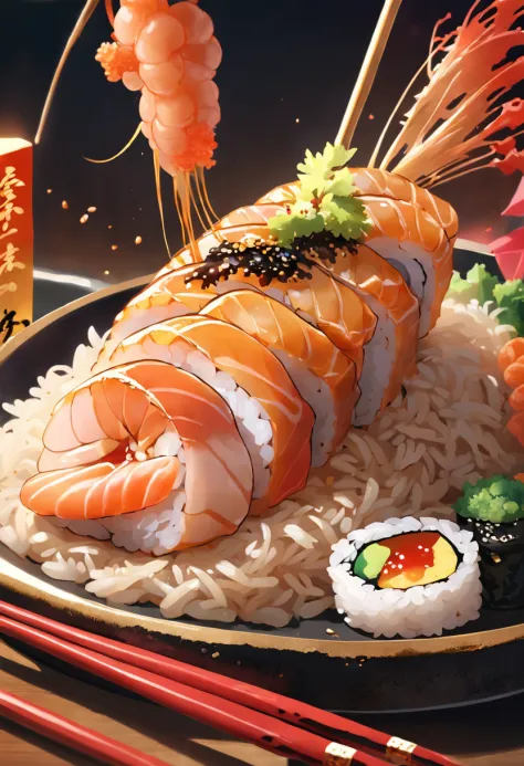 Luxurious golden most expensiveSushi food with rice and sauce, with fried rice and shrimps, and wine, photographic pic, high quality