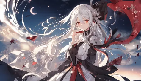 absurderes、hight resolution、(Official Art、Beautifully Aesthetic:1.2)、(Close View:1.15)、 (1girl in、White hair、Hair in the middle、yellow  eyes、radiant eyes、Black Long Dress、Red frills、:1.2)、simple background、（starrysky）、（nigh sky）、（starrysky）