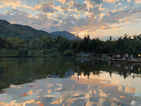 There were a lot of people standing on the pier by the lake, Oil painting at sunset ，Impressionist oil painting，Summer evening, ...