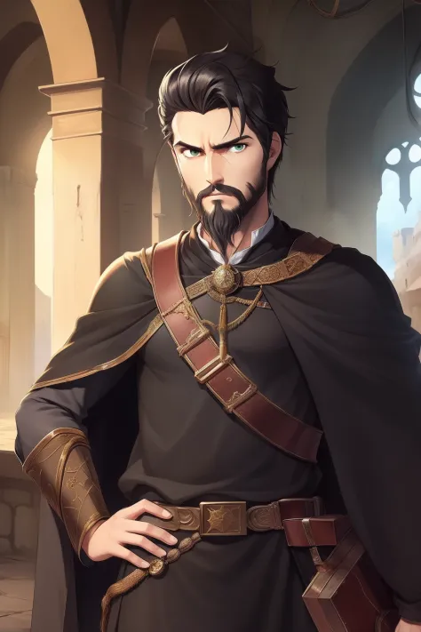 25 age old，Stoic man with short black hair, Green eyes and short beard, Driss as a merchant of the time, Find purpose in life