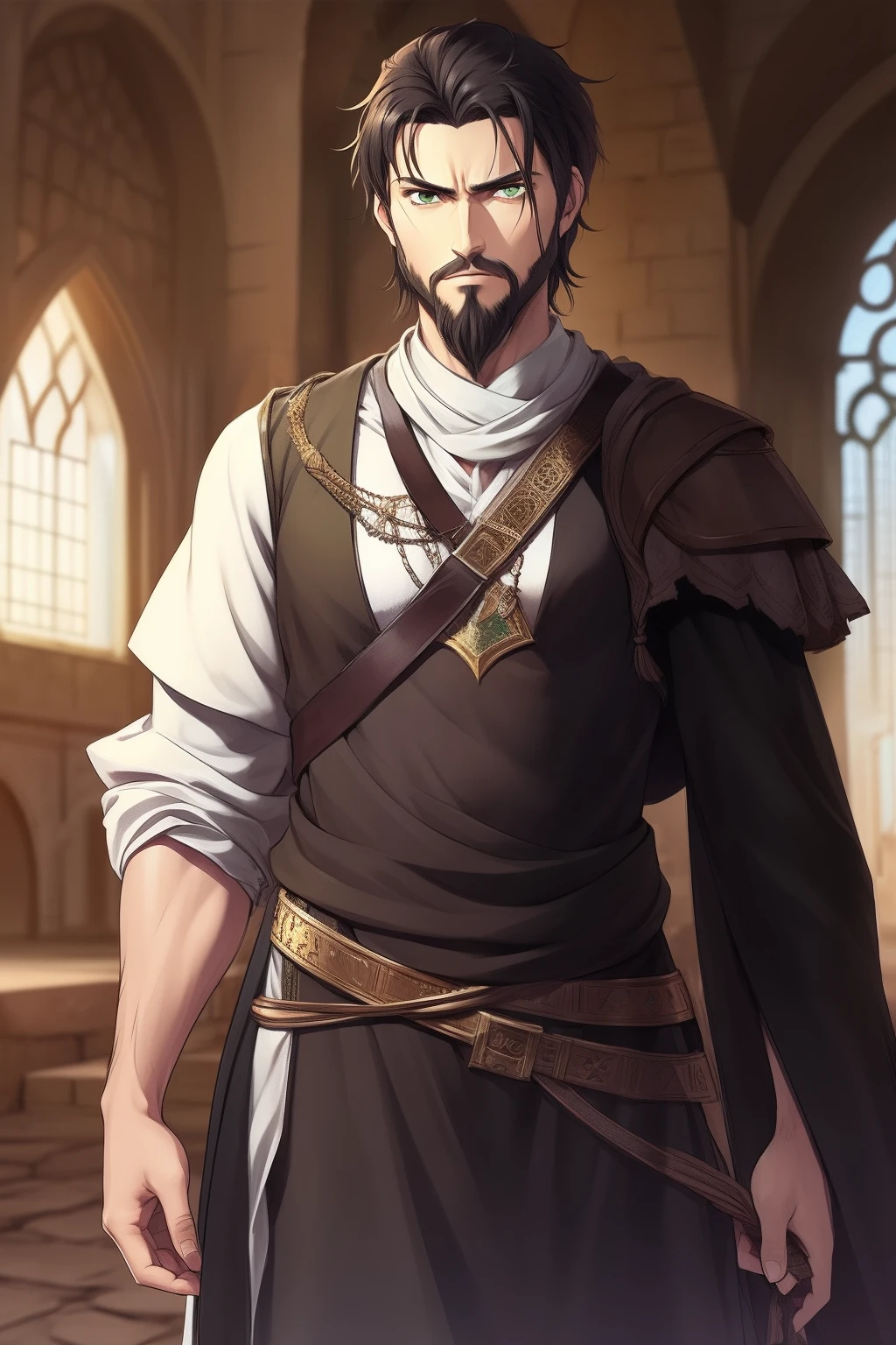 25 age old，Stoic man with short black hair, Green eyes and short beard, Driss as a merchant of the time, Find purpose in life