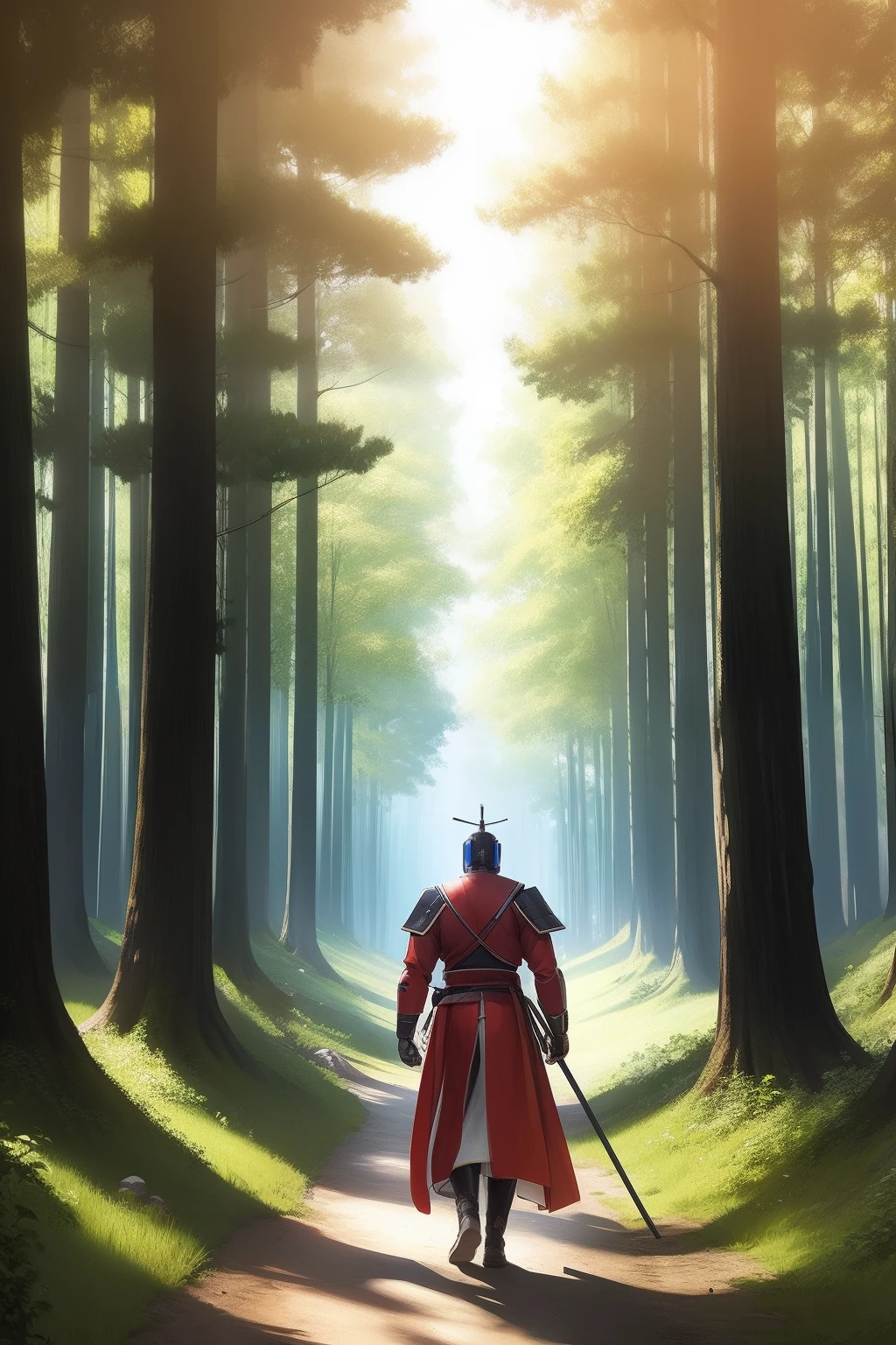 Un artista marcial robótico con uniforme de kendo comienza un largo viaje por el bosque，Dirígete a un monasterio feudal japonés en la distancia., Miramos la parte trasera del robot.，y miro a lo lejos