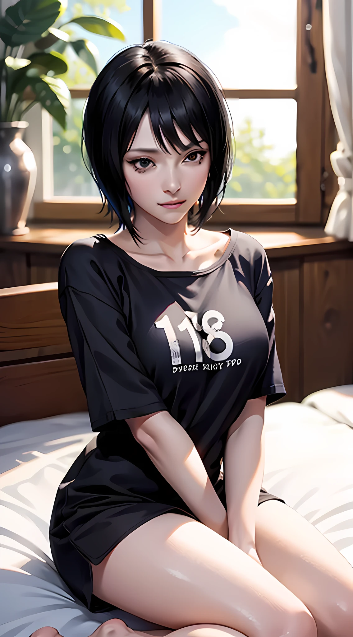 Shizune do anime Naruto, cabelo curto, Cabelo preto, lindo, lindo woman, corpo perfeito, Seios perfeitos, usando uma camiseta preta oversized, calcinha preta, in cama, camaroom, cama, sitting on cama, olhando para o espectador com um leve sorriso , Realismo, obra de arte, peles texturizadas, Super Detalhe, alto detalhe, alta qualidade, melhor qualidade, 1080p, 16k