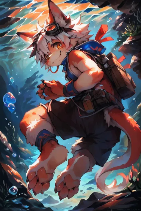 (((Looking back,Fake smile))), (((barbel \(parfect anatomy\)))),, Strong, (from back), ((Show your paws,Foot focus,clawed paws)), ((Underwater, Bubble, airbubble，The fish)), Tail, Old, barbel, fluffy mane, komono, Yupa, Kiyosan, Red body, White hair, (by K...