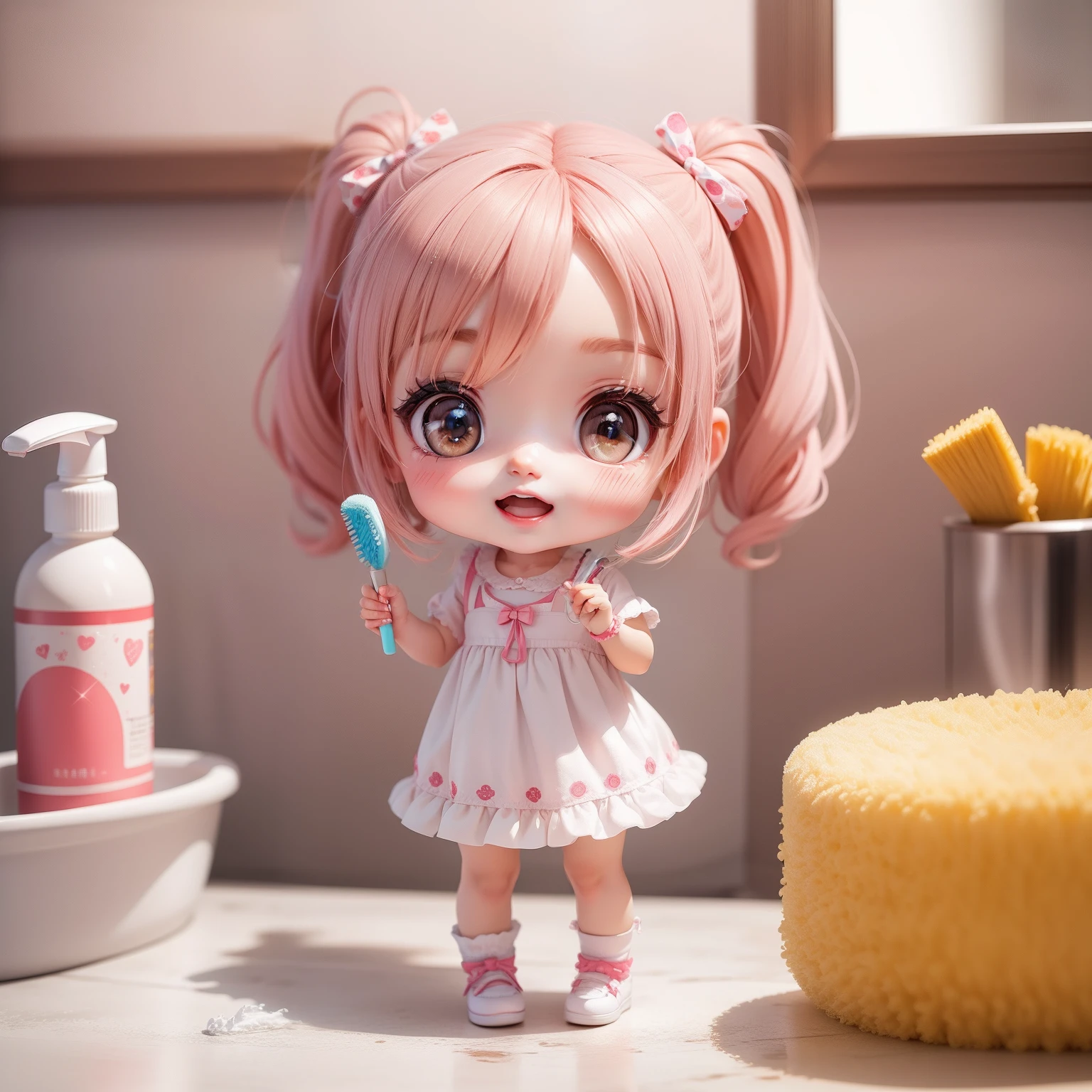 There is a doll that is standing on a counter with a toothbrush - SeaArt AI