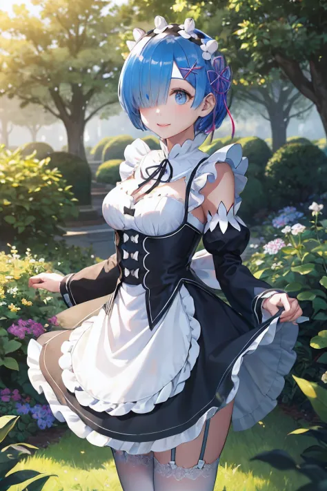 masterpiece, best quality, ultra-detailed, illustration, epic lighting, cinematic composition, colorful, sharp:1.3, 1girl, rem_\(re:zero\), medium breasts, blue hair, short hair, (hair over one eye:1.3), eyes_visible_through_hair, blue eyes, roswaal_mansio...