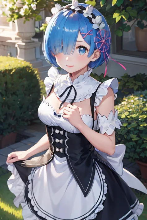 ​masterpiece, top-quality, ultra-detailliert, illustratio, epic lighting, Film composition, rem rezero、(beauitful face:1.25)Short blue hair、blue eyess、Hair above one eye、hair adornments、pink hair ribbon、rem's maid uniform、ultra realistic 8k cg、picture-perf...