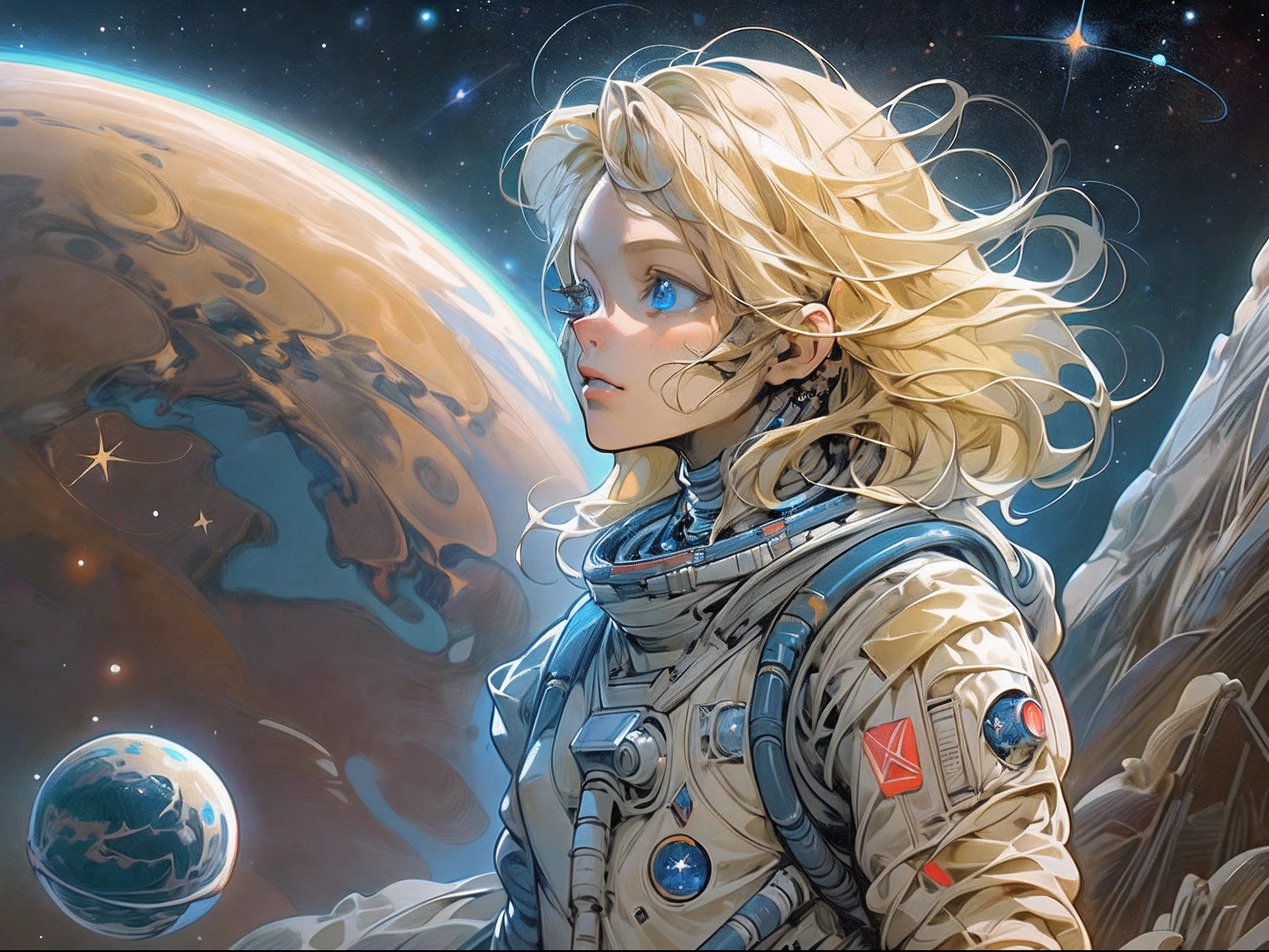 есть иллюстрация сказочного космонавта, стоящего на Марсе и смотрящего в космос, видящего бескрайние звезды и космос., белокурые волосы, Длинные волосы, голубые глаза, Ультрадетализированное лицо, космос и звезды в качестве фона, ощущение бесконечности,