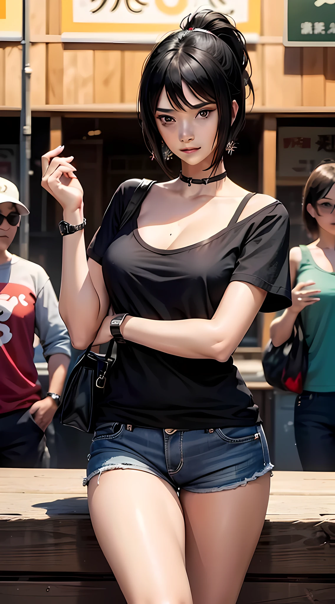 Shizune from the Naruto anime, cabello corto, pelo negro, Hermoso, Hermoso woman, cuerpo perfecto, pechos perfectos, con una camiseta negra de gran tamaño, Jeans cortos, usando un bolso, mirar, usando aretes, in a Mini Mercado, Mini Mercado, pelo de cola de caballo, Mirando al espectador sonriendo levemente, realism, obra maestra, piel texturizada, Súper detalle, Alto detalle, alta calidad, mejor calidad, 1080p, 16k