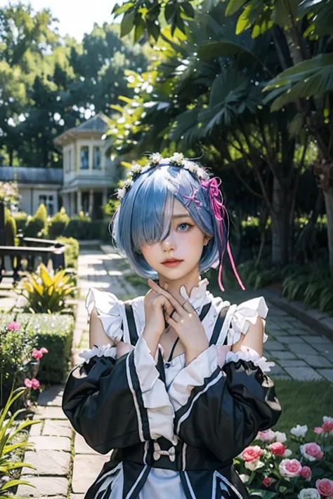r_E_M、1girl in、(beauitful face:1.25)short blue hair、blue eyess、Hair above one eye、hair adornments、Pink Hair Ribbon、rem's maid uniform、Detached sleeves、The upper part of the body、is standing、The upper part of the body, plein air, mansion, 夏天, garden, floral...