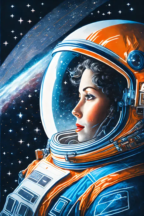 An illustration of a female astronaut who has reached the farthest reaches of space. background The illustration shows outer spa...