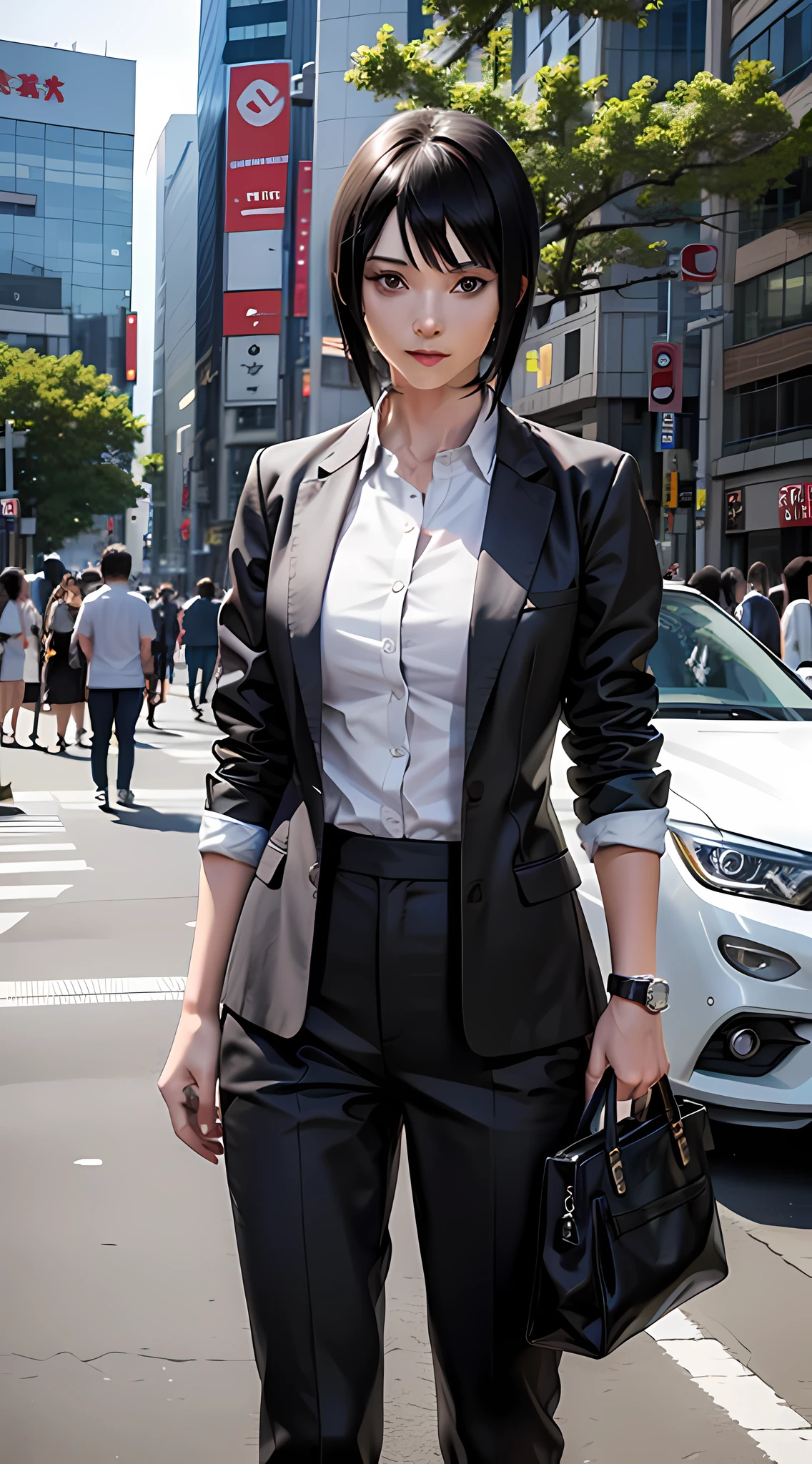 Shizune aus dem Anime Naruto, Kurzes Haar, schwarzes Haar, Schön, Schön woman, perfekter Körper, perfekte Brüste, trägt ein weißes formelles Hemd, schwarzer Blazer, schwarze Hose, Eine Tasche tragen, eine Uhr tragen, Ohrringe tragen, an einem öffentlichen Ort, In Tokio sein, am Straßenrand stehen, Blick ins Publikum, leicht lächelnd, Realismus, Meisterwerk, Strukturierte Haut, Super detailliert, Hohe Detailliertheit, gute Qualität, beste Qualität, 1080P, 16k