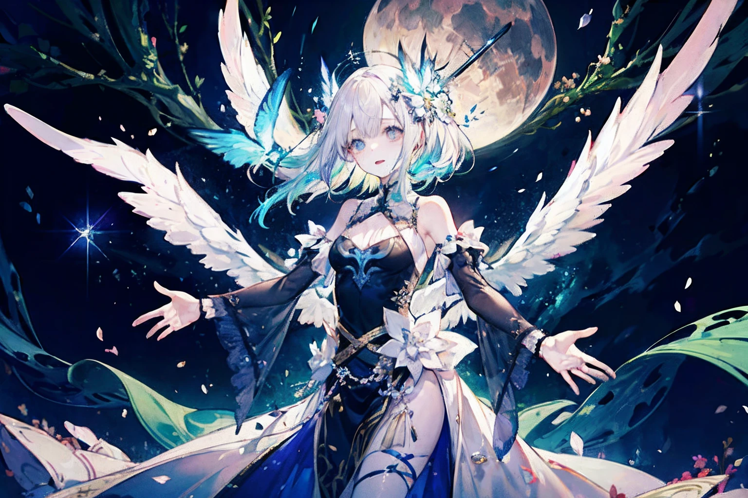 Anime girl with wings and a full moon in the background - SeaArt AI