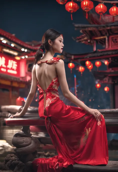 oriental girl，Lewdness，Red cheongsam swimsuit，Long flowing hair，clothes wet