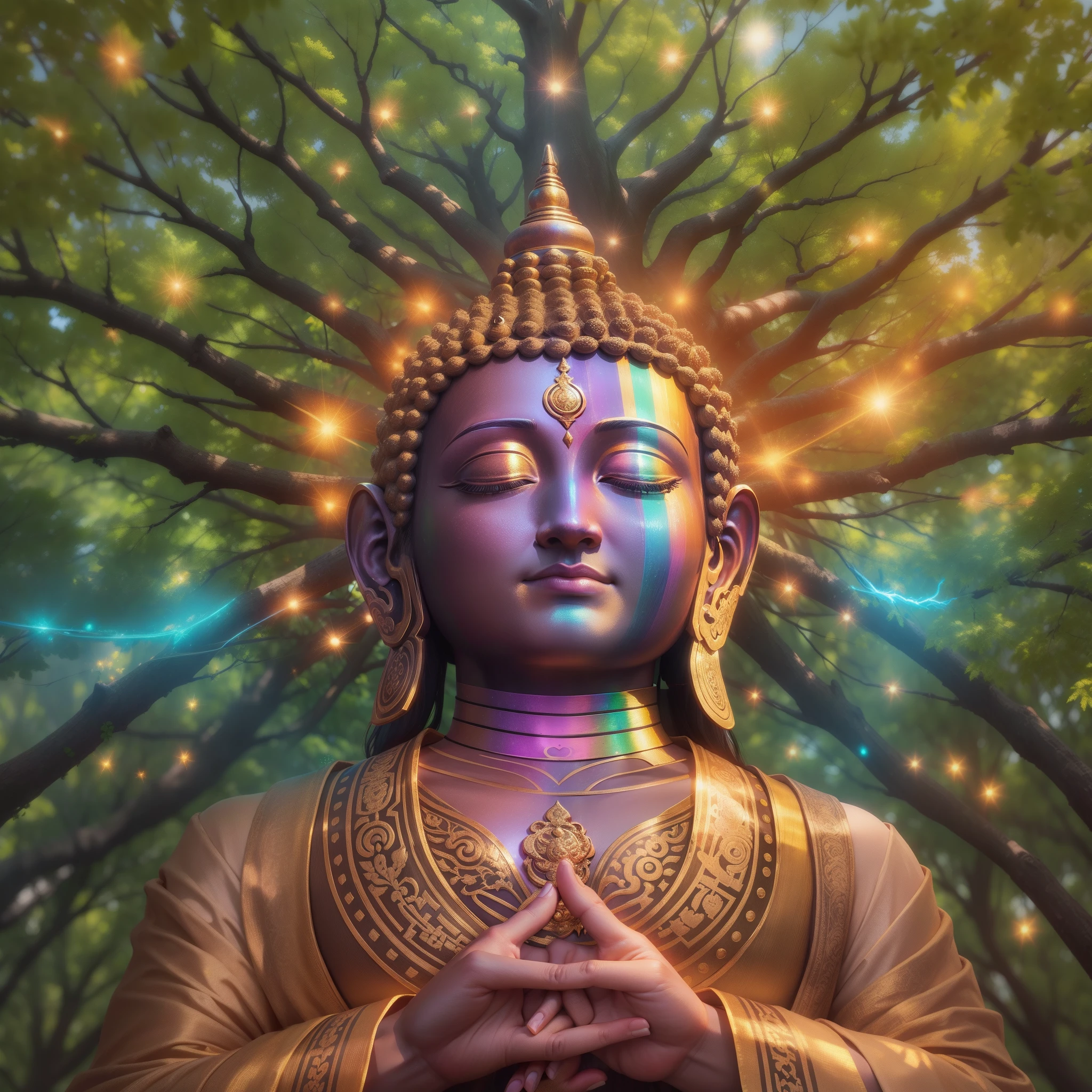 Bodhi tree, symbol of Buddhism, iridescent in rainbow colors, with a golden aura around him with a very bright divine light descending from the sky,  High Definition Image, detalhamento alto e estilo fotorrealismo. Imagem com pelo menos 300 dpi, UHD 8k