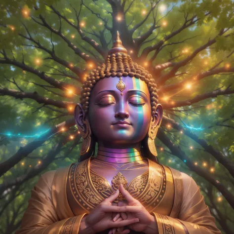 Bodhi tree, symbol of Buddhism, iridescent in rainbow colors, with a golden aura around him with a very bright divine light desc...