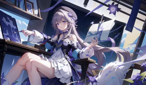 herta \(honkai: star rail\), sitting down on an armchair, desk, rolls of colourful fabric, sewing equipment, painting equipment,...