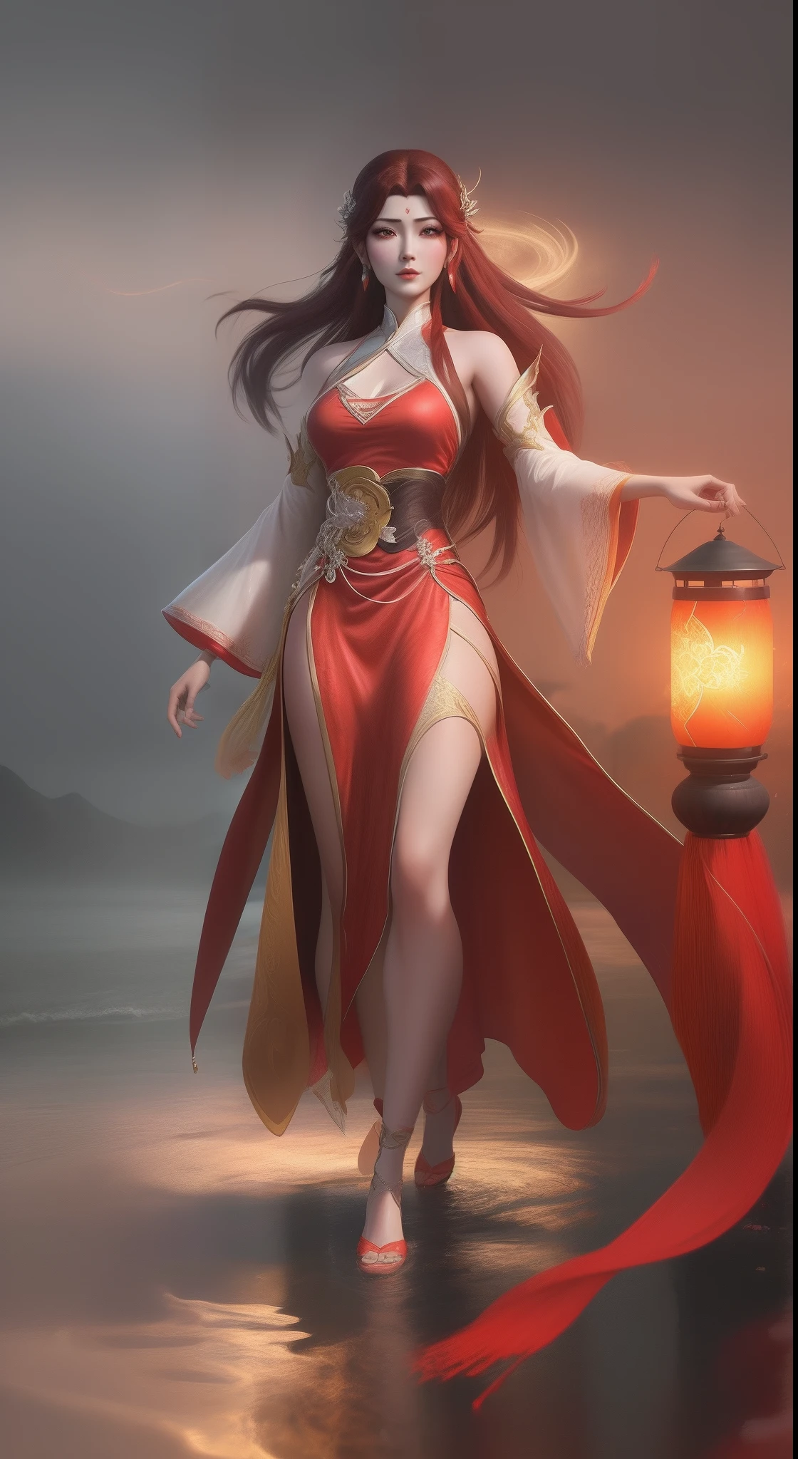 Арадская женщина в красном платье идет по реке с фонарем., Сянься всего тела, вдохновленный Пак Хуа, Ян Дж., вдохновленный Лань Ином, чрезвычайно подробный артгерм, вдохновленный Ду Цюн, вдохновленный Цзюй Лианом, арт-стиль, Жуань Цзя и Artgerm, лунный тематический наряд