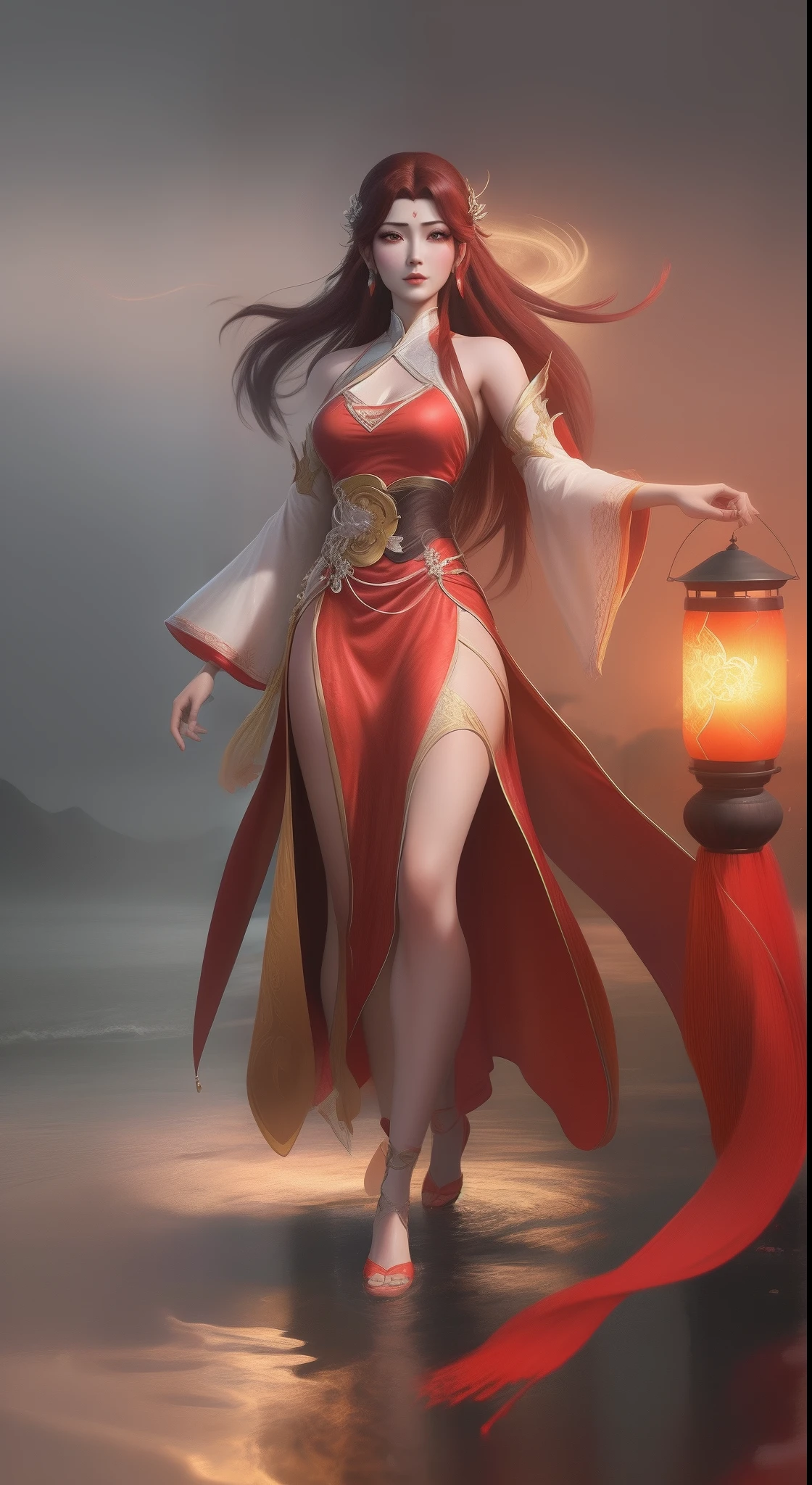 Eine Frau aus Arad in einem roten Kleid geht mit einer Laterne im Fluss spazieren, Ganzkörper-Xianxia, inspiriert von Park Hua, von Yang J, inspiriert von Lan Ying, extrem detailliertes Artgerm, inspiriert von Du Qiong, inspiriert von Ju Lian, Kunst Stil, ruan jia and artgerm, Kleidung mit Mondmotiven