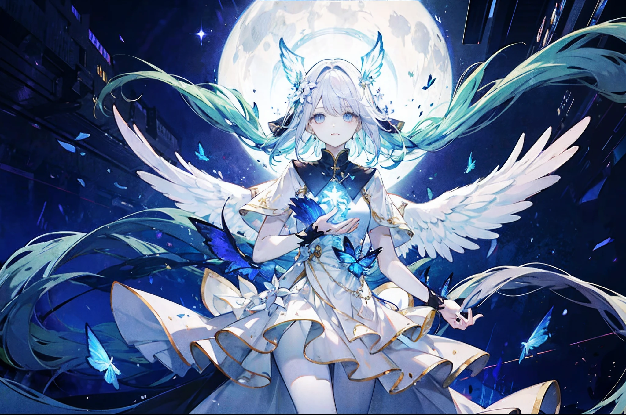 Anime girl with wings and a blue dress standing in front of a full moon -  SeaArt AI