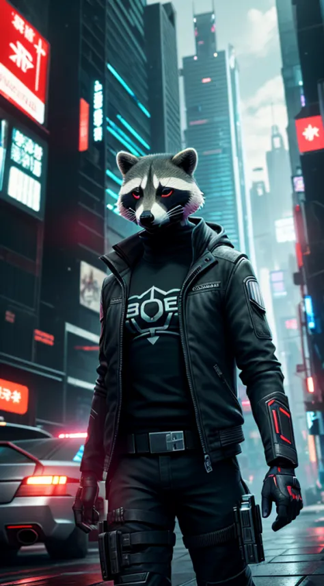 (extremely detailed CG unity 16k wallpaper:1.1), (Denoising strength: 1.45), (tmasterpiece:1.37), game style, Agent raccoon cyberpunk style full body, Tech armor, Masks have no face