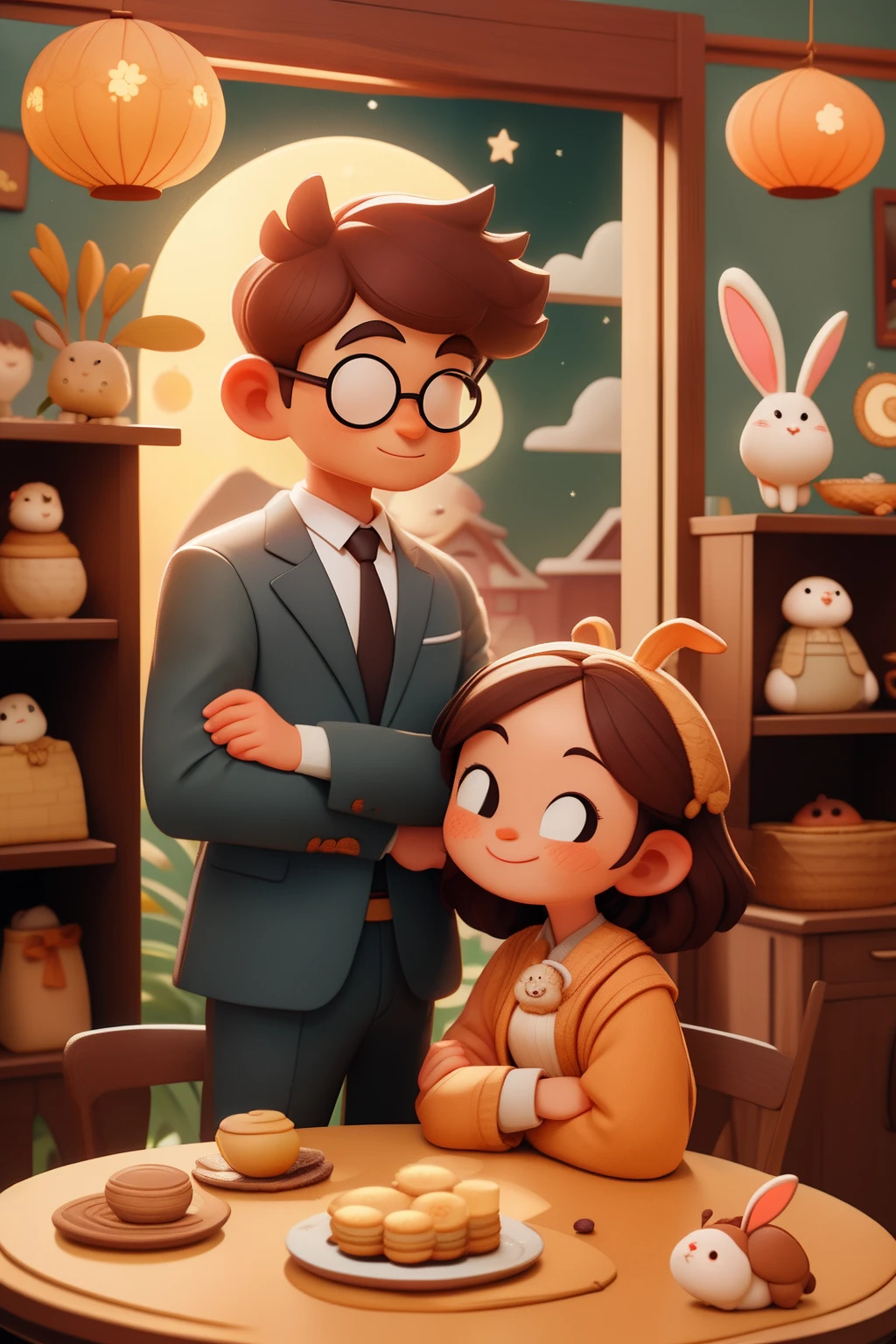 a husband and wife，sportrait， brunette color hair，Dressed in modern attire，Sit around a round table，There are mooncakes，Indoor evenings，There was a moon outside the window，A small number of rabbit dolls，Modern room in the background，((Mid-Autumn Festival))，Cartoony，pixar-style，3D，Cartoony，(Masterpiece，Best quality，Rich in intricate details)