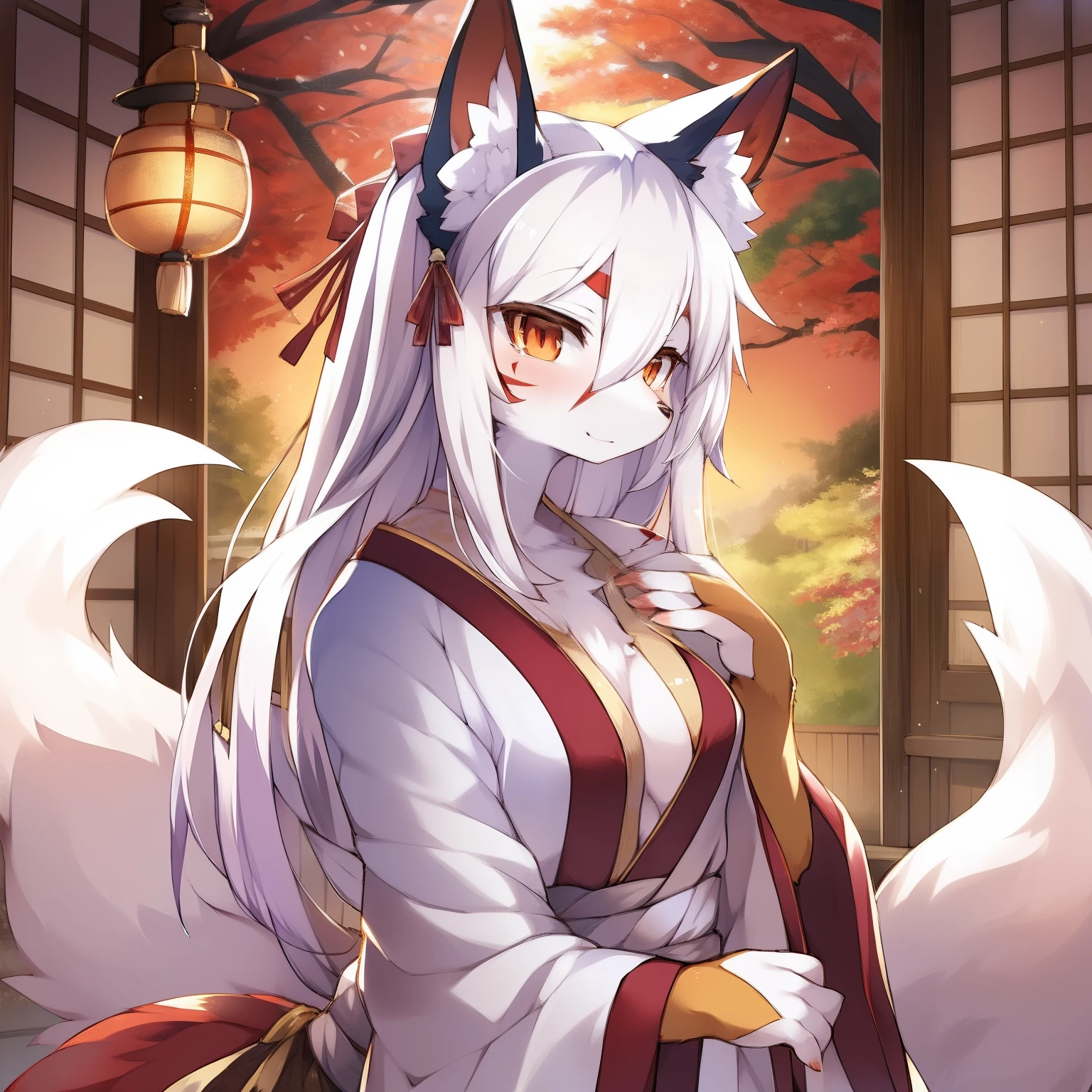 solo, Female, fox, kitsune, white fur, red face markings, white body, white hair, long hair, red and orange eyes, long lashes, attractive face, multiple tails, red tips on tails, lithe body, average body, lean body, white kimono, red and gold elements to kimono, Kanzashi in hair, traditional Japanese home, looking at viewer, by by kishibe, by mofumofumachine, by nonoka_furry, by Tubasa, by ACHAKOORA.