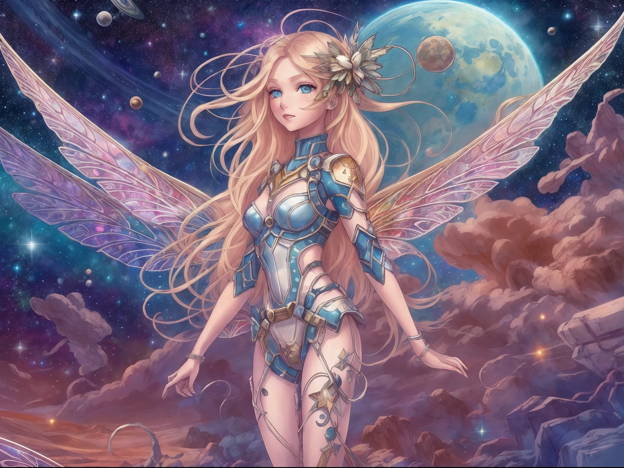 there is an illustration of a fairy with mecha parts fairy_wings floating on Mars planet looking into space seeing the vast of stars and space, full body shot,  blond hair, long hair, blue eyes, ultra detailed face, space and stars as background, sense of infinity,