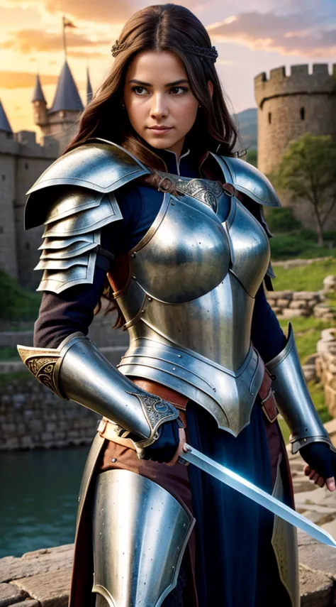 An intense, Close-up depiction of a woman in knightly armor. She stood on a stone bridge, The walls soar into the sky，Homem-Imponente，Behind him is magnificent. In her hand, she is holding a sword, Its edges sparkle in softness, The glow of the setting sun...