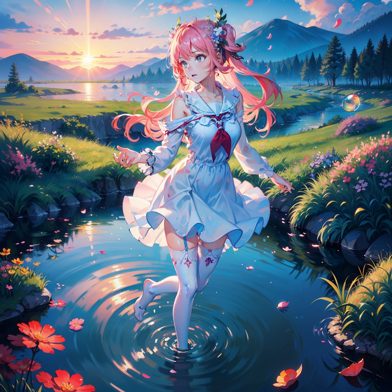 (masterpiece), (best_quality:1.3), (ultra_detailed:1.3), 8k, (((extremely clear))), vivid color, cinematic lighting,
perfect proportion, perfect anatomy, 1girl, miku, large breasts, exquisite facial features, prefect face, ((serafuku))
serene expression, beautiful gradient hair, 
scenery, clear blue transparent sky, fantasy valley in mountains, outdoor,
intricate adorable beautiful face, hair ornaments,  wearing fantasy colorful ruffled party gown, noble luxury beautiful gown,
flower style, ((pink white thighhighs with Four-pointed star pattern embellishment without shoes)),  (topless, bra),
((beautiful and delicate water, the finest grass, very delicate light, nature, painting, water spray, breeze, flowers and grass meadow, near the water edge, sunset, starry sky in a circle, randomly distributed clouds, river, splashing water, falling petals )), 
(((Tyndall effect, available light))), 
((wash painting)),((ink splashing)),((color splashing)),((((dyeing)))),((Chinese style)),
(((colorful bubble))), colorful glass, looking at mirror, (partially underwater shot:1.2),