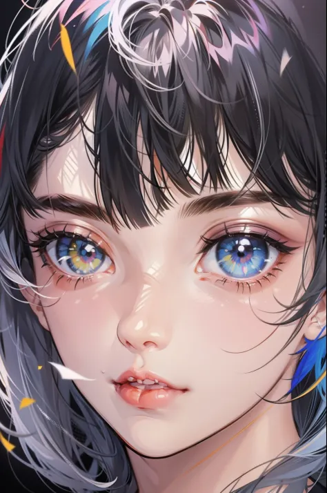 close up shot, eye close up, ((masterpiece)), ((ultra-detailed)), pixiv, best shadows, best lighting, best quality, cinematic shot, 1girl, solo, bangs, black background, paint, portrait, short hair, blunt bangs, parted lips, paint splatter, ((two-tone hair...