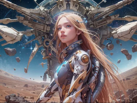 there is an illustration of a fairy with mecha parts fairy_wings floating on Mars planet looking into space seeing the vast of s...