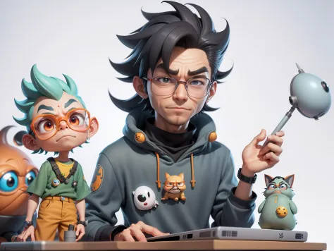A young man with glasses sits at his desk，holding laptop，digitial painting，3D character design by Mark Clairen and Pixar and Hayao Miyazaki and Akira Toriyama，4K HD illustration，Very detailed facial features and cartoon-style visuals。