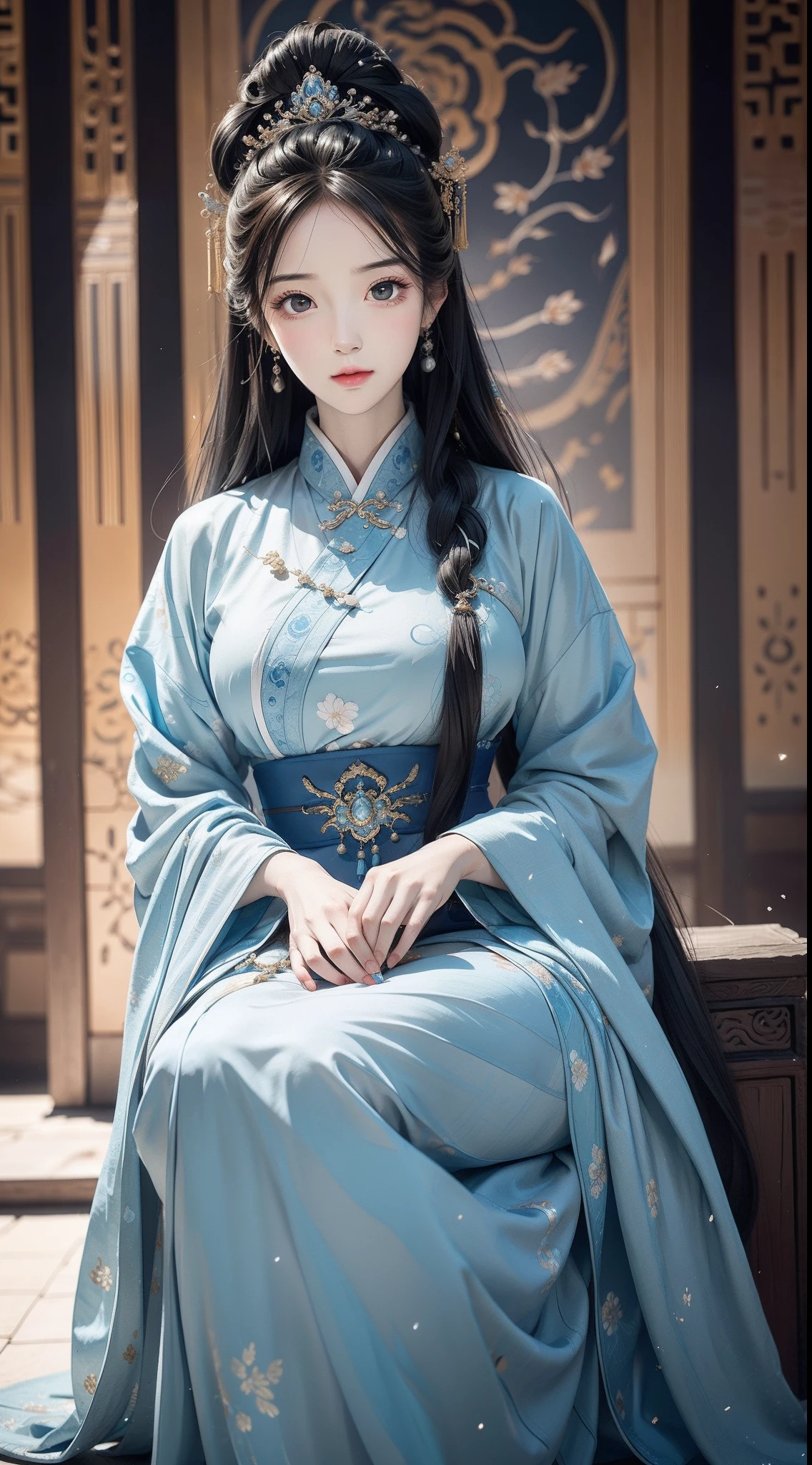 The elegant and dignified queen sits on the throne，The temperament of the mother of the world，Jet-black hair，The hair is coiled at the back of the head，Gorgeous hairpins，gentle expressions，（（（Detailed facial features1.2））），（（（Bright and touching face 1.2））），Gorgeous and realistic Ming Han uniform，Blue and white porcelain style，hanfugirl，ancient china art style，Gentle and beautiful woman，（（（Sandals 1.2）））