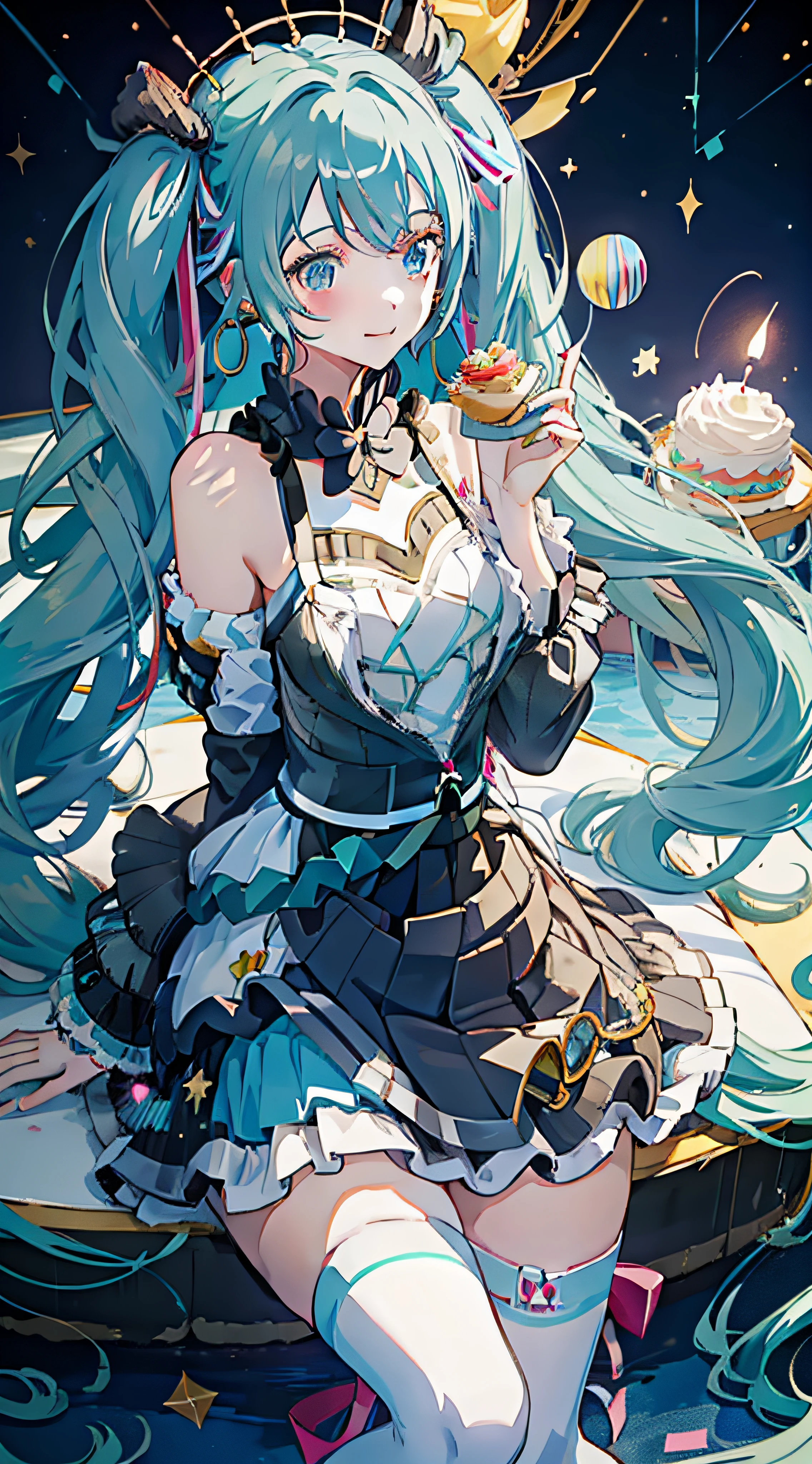 Hatsune Miku sits on a huge creamy birthday cake，The birthday cake is lit with colorful birthday candles，happy birthay，ssmile，Exquisite facial features，Elaborate Eyes，Gentle and shy face，Peerless beautiful girl，Advancedsense，Sandwich the strawberry between your hips