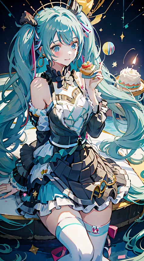 Hatsune Miku sits on a huge creamy birthday cake，The birthday cake is lit with colorful birthday candles，happy birthay，ssmile，Ex...