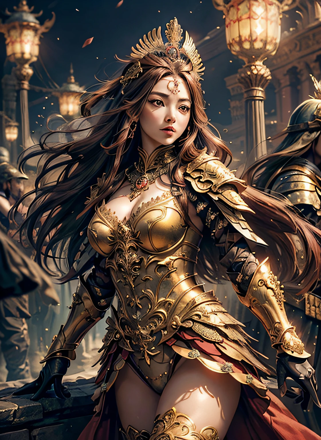 (surrealistic), (hight resolution), (8K), (ighly detailed),  (beatiful detailed eyes), (top-quality), (Ultra-detail)、intricate detailes、
1girl in、fullbody image、(Goddess of battle、A beautiful woman full of power、hali々and has)、perfectly proportions、big eye、pretty eyes、Big Tits、big breasts thin waist、navel、Crotch gap、thighs thighs thighs thighs、beautiful countenance、A detailed face、Perfect figure:1.4、(shinny skin), (cleavage of the breast)、length hair、the wind、RIDE GOOD、 Long ugly hair, (Brown hair:１.3)、Look at viewers, Wearing intricate red super armor、Clear Focus:1.2、Lightning Effect、Ultra-detailed large crown adorned with jewels:１.2)、huge tit、oppai、Translucent sexy underwear、Jewels with intricate details、(Ultra-detailed yellow armor adorned with jewels:1.３)、diffuse lighting、Valhalla Valkyrie、(Realistic lighting)、Light your face、Lights from the front、Shine a light on your face、