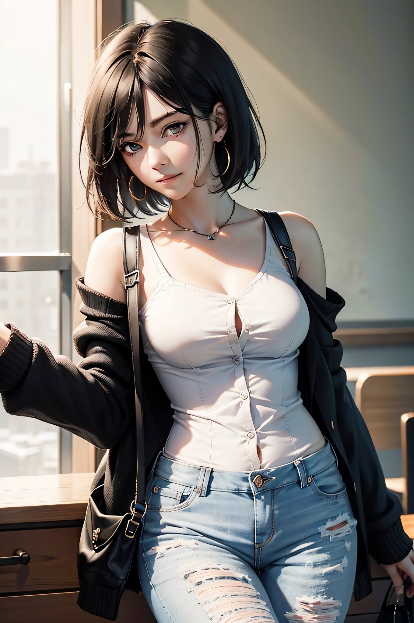 Anime girl with black hair and white shirt posing in front of window -  SeaArt AI