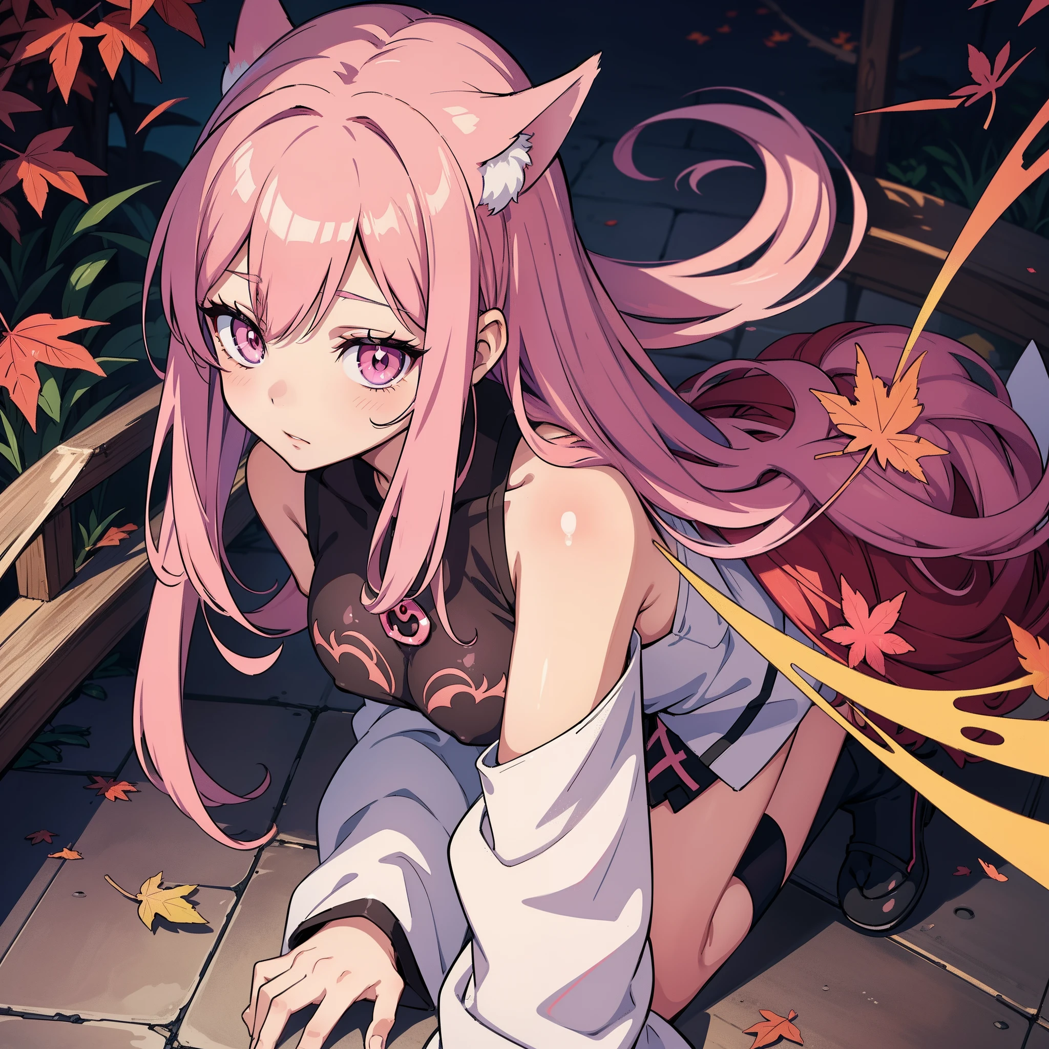 close up face,Diagonal angle., Complicated details, beautiful and gentle eyes;, Anime girl with long pink hair, pink eyes, fox pink ears,posing for a picture, shadowverse style, smooth anime cg art, detailed digital anime art, guweiz, sui ishida art manga, Shadowverse, official artwork, pixiv style, detailed anime artwork, artbook artwork, seductive anime girl, Sugetsu, detailed anime character art, waifu, A detailed eye, autumn, Autumn theme, Autumn leaves fall in the background