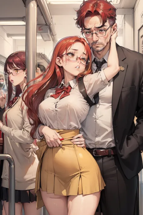 SFW, realistic, masterpiece, VERY crowded subway train interior detailed scenario, VERY crowded subway train interior detailed background, standing insanely hot (woman 1) using sexy ((school uniform)), (((lifted skirt)), (big ass), (thick thigths), (fear e...