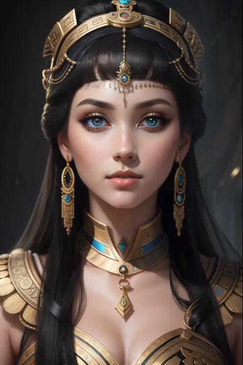 Cleopatra as a modern woman 2023, The corners of the eyes are slender, Black sky blue gold, The world's most detailed portrait p...