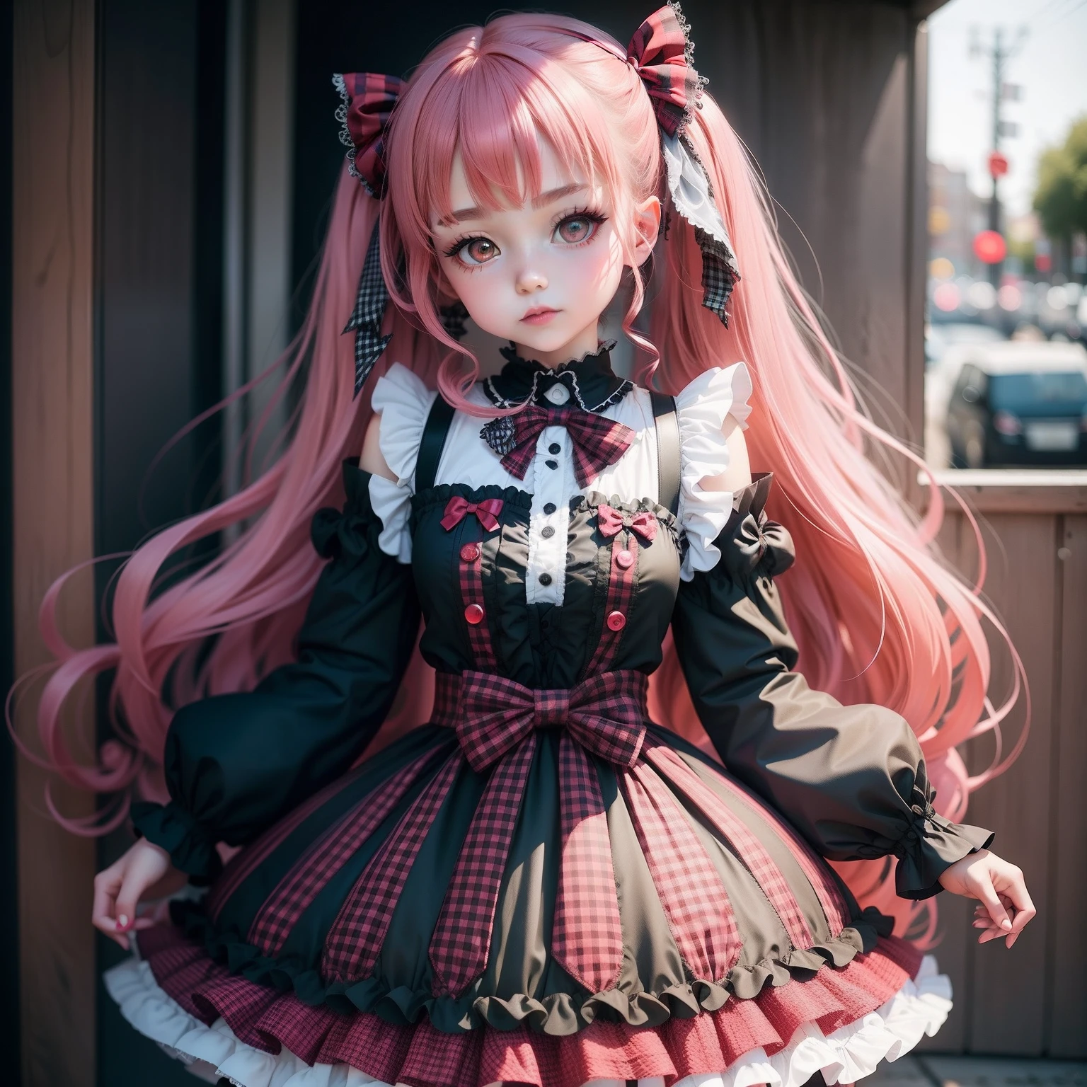 A close up of a doll with long pink hair and a dress - SeaArt AI