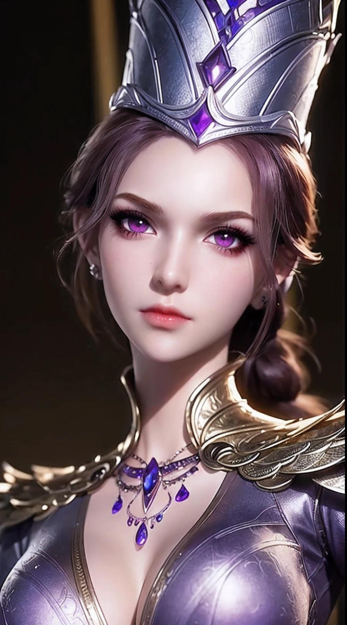 1 sexy Göttin trägt sexy lila Rüstung, Rüstung mit vielen komplizierten und raffinierten Mustern, dünne Rüstung, Hemd mit tiefem Schlitz, langes und seidiges lila Haar, trägt einen violetten, silbernen Speerhut, der schönste und detailreichste Haarschmuck, schönes kleines Gesicht dünne Augenbrauen, das schönste und makelloseste Gesicht, ((schwarze Iris:0.8)), die sehr schönen Augen, große runde Augen, ((dunkelviolette Augenfarbe:1.1)), feine und detailreiche Wimpern, Hohe Nase, Ohrringe tragen, Kleine rote Lippen, rosiges Gesicht, Sauberes Gesicht, schönes Gesicht ohne Makel, glatte weiße Haut, ((Große Brüste: 0.9)), Blums , ((große und super runde Brüste:0.9)), ((super straffe Brüste:1.2)), ((Brustvergrößerung: 0.8)), schöne Brüste, schlanker und zierlicher Körper, ((dünne Taille: 0.9)), Oberkörper eines schönen Mädchens, Heißer und sexy Körper, sexy Mädchen, Rock, 8k Foto, super gute Qualität, super realistisch, 10x super pixels, fotorealistisch, Dunkles Studio, border Licht, two tone Licht, (detaillierte Haut hoch: 1.2), 8k uhd, dslr, soft Licht, gute Qualität, volumetric Licht, offen, Foto, hohe Auflösung, Licht, bestes Foto, 4K-Qualität, 8k, Bokeh, Glatt und scharf, Pixel 10 mal nach oben, (Hintergrundraum: 1.8), (galaxy: 1.7), Polarlicht, Lichtning, super Grafik, die realistischste Grafik,(Aurora-Hintergrund: 1.8), allein, Allein, Porträt 9:16, Extrem scharf, super realistisch images,