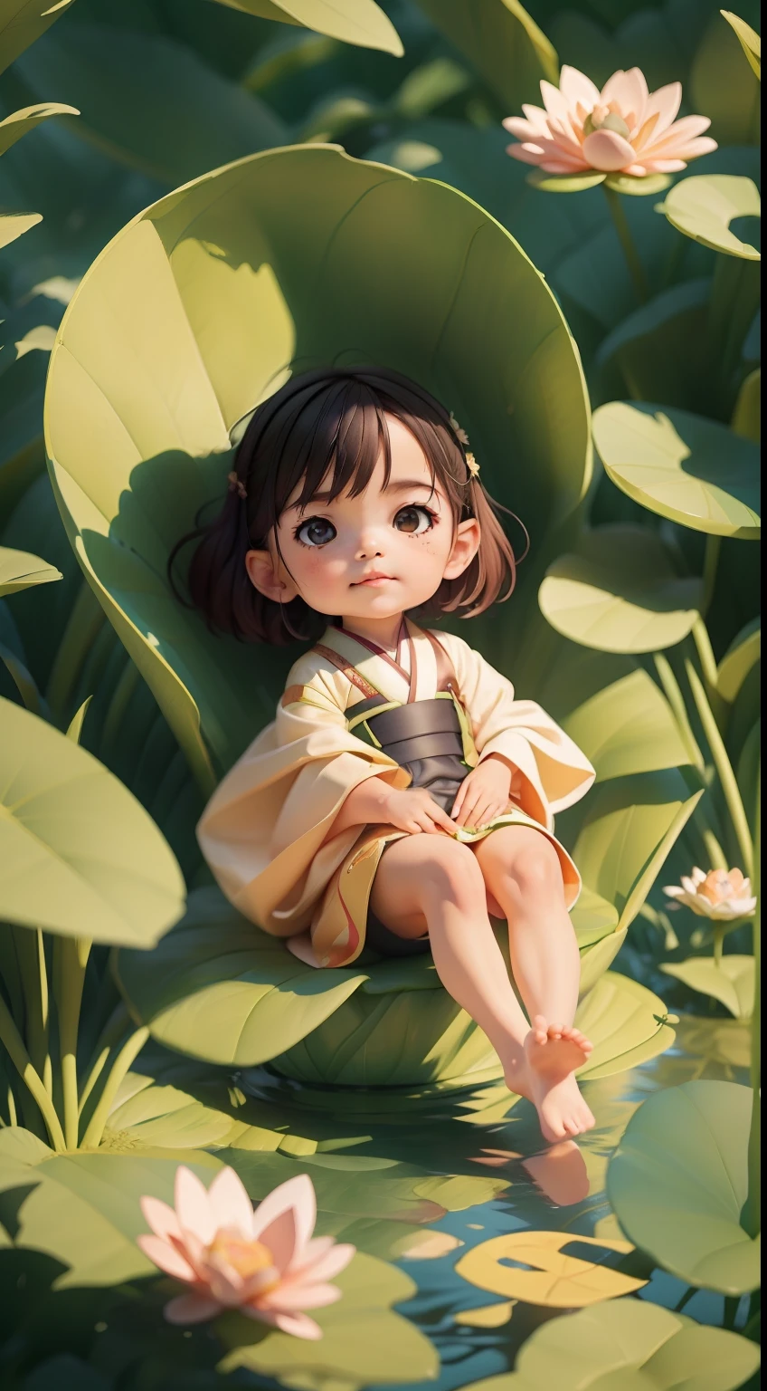 Pods full of lotus flowers, A little boy happily sits on the lotus leaves of a pod, Huge lotus leaf, Barefoot, Dressed in white and green Hanfu, Light and shadow, A masterpiece