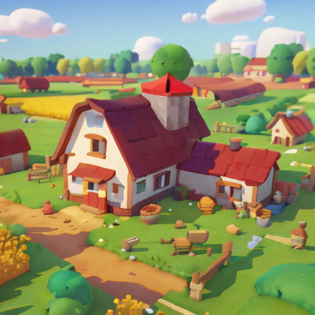 Game architectural design, cartoon, large farm buildings, farm fences and crops, farmland, incredible design, super detail, epic composition, 3d, blender, masterpiece, super detail, best quality, ultra HD