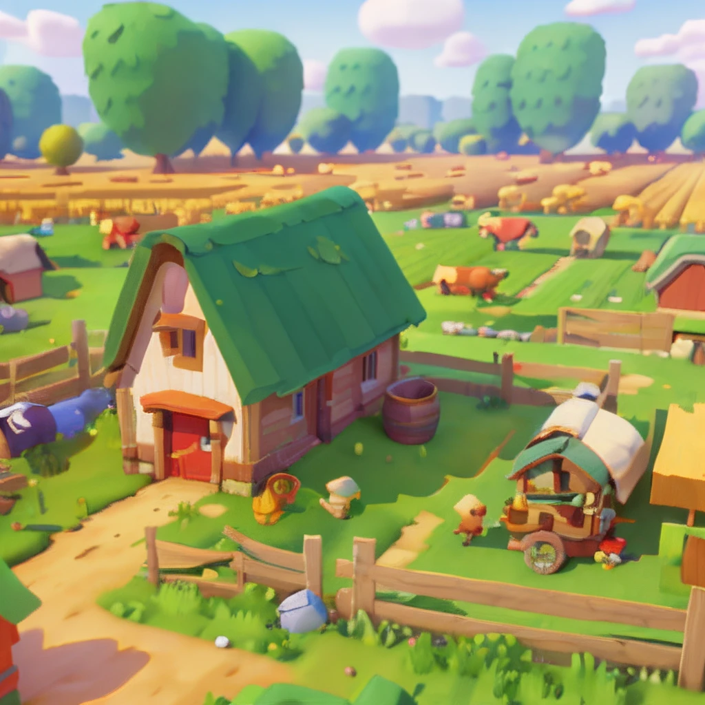 Game architectural design, cartoon, large farm buildings, farm fences and crops, farmland, incredible design, super detail, epic composition, 3d, blender, masterpiece, super detail, best quality, ultra HD