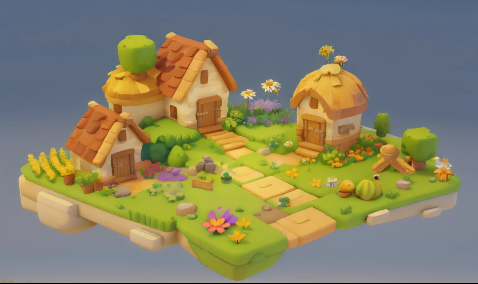 Game architecture design, cartoon, farm, stone, brick, grass, river, flowers, vegetables, wheat, trees, animals, casual play style, 3d, blender, masterpiece, super detail, best quality